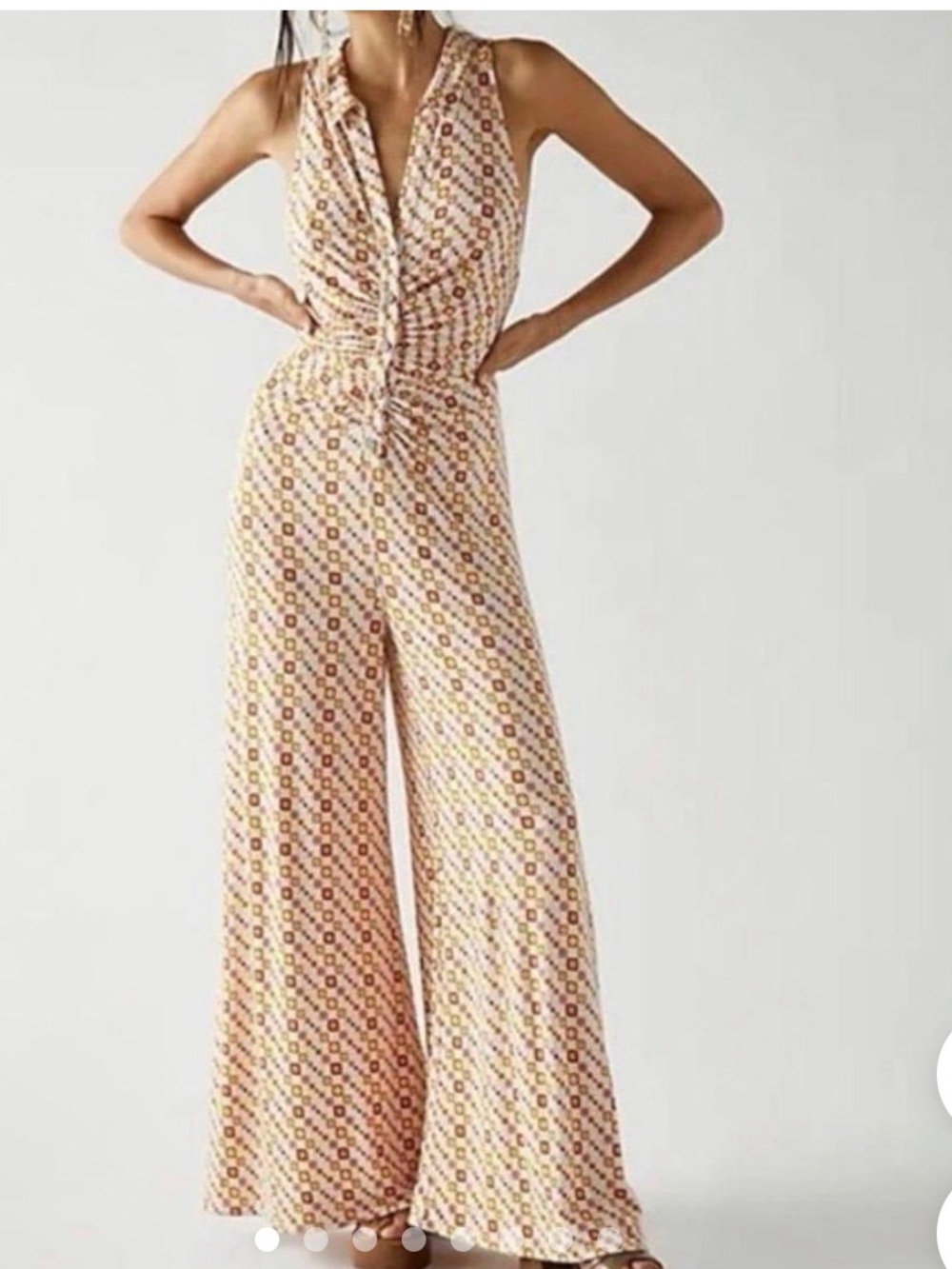 Free People Sleeveless Wide-Leg Geometric Jumpsuit in Cream, Pink & Tan